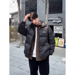 黑色立领白鸭绒羽绒服男2025新款冬季潮牌宽松保暖情侣面包服外套