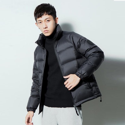黑色简约立领短款白鸭绒羽绒服男冬季加厚宽松百搭休闲面包服外套