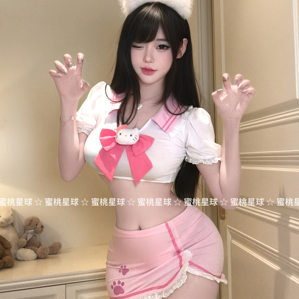 小喵咪蝴蝶结学妹制服大码睡裙