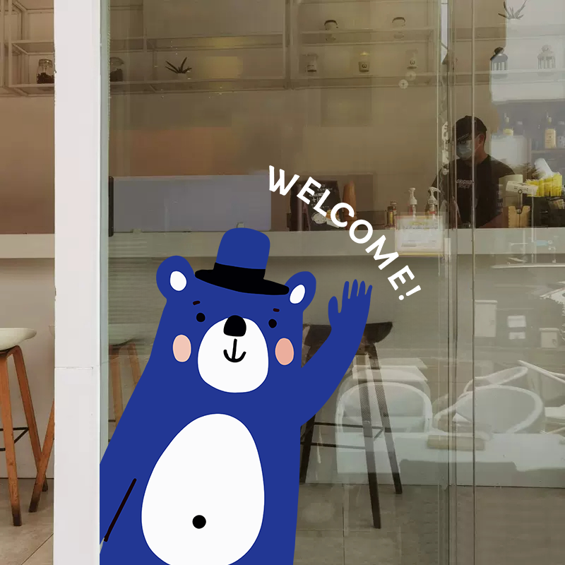 卡通手绘熊玻璃贴纸welcome网红咖啡店服装店橱窗装饰场景布置ins