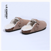 外穿厚拖鞋 男女勃肯鞋 加绒牛皮包头半拖软底软木钓鱼博肯鞋 一字拖