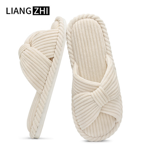 灯芯绒棉拖鞋女绑带交叉蝴蝶结