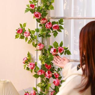 饰花遮挡摆设吊顶墙面 仿真玫瑰花藤条塑料假花藤蔓植物空调管道装