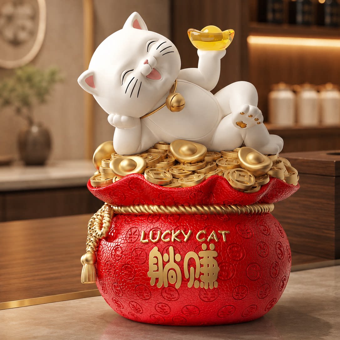 躺挣招财猫存钱装饰品新中式前台图片