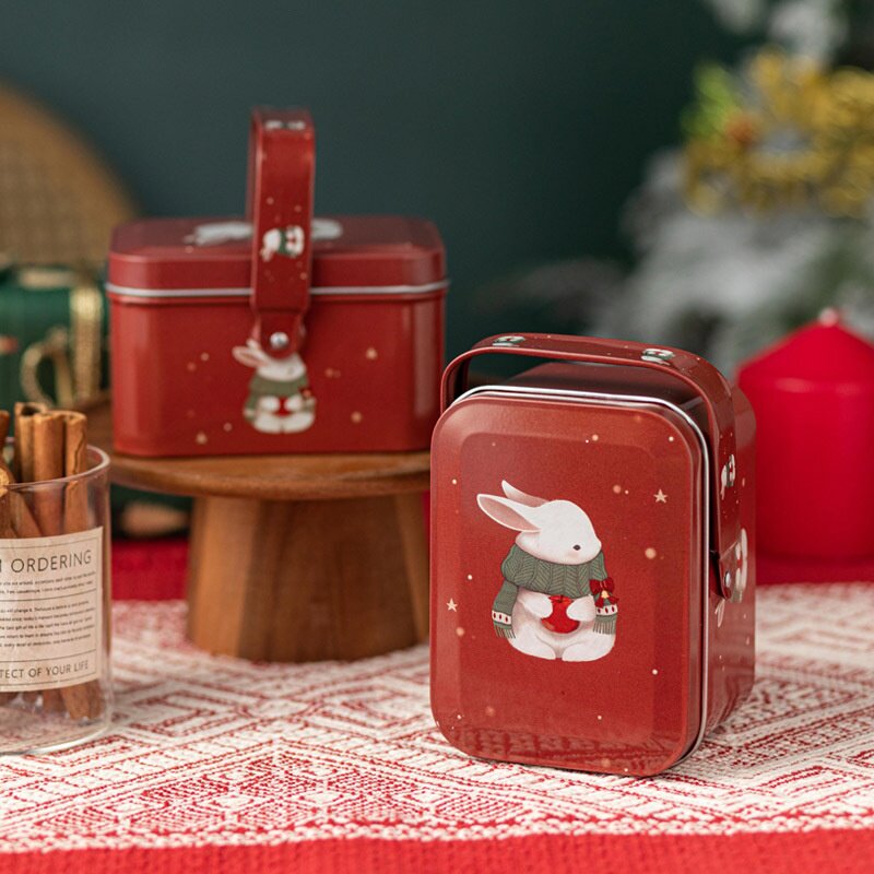 红色圣诞节铁盒伴手礼精美糖果手提小铁盒曲奇圣诞方形马口铁空盒