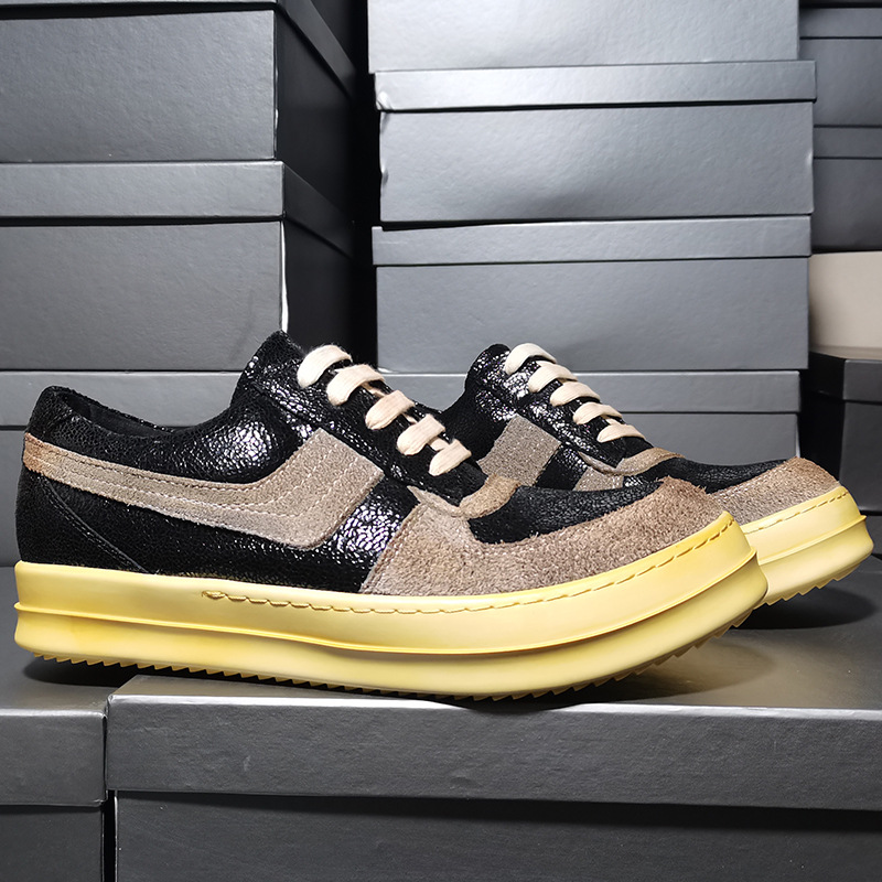 ro低帮板鞋男做旧复古运动休闲鞋大钩子倒三角真皮增高厚底小脏鞋