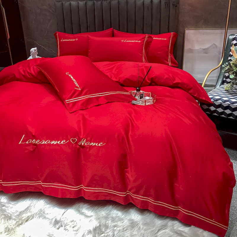 简约高档红色结婚床上用品四件套婚庆大红刺绣被套全棉纯棉床单