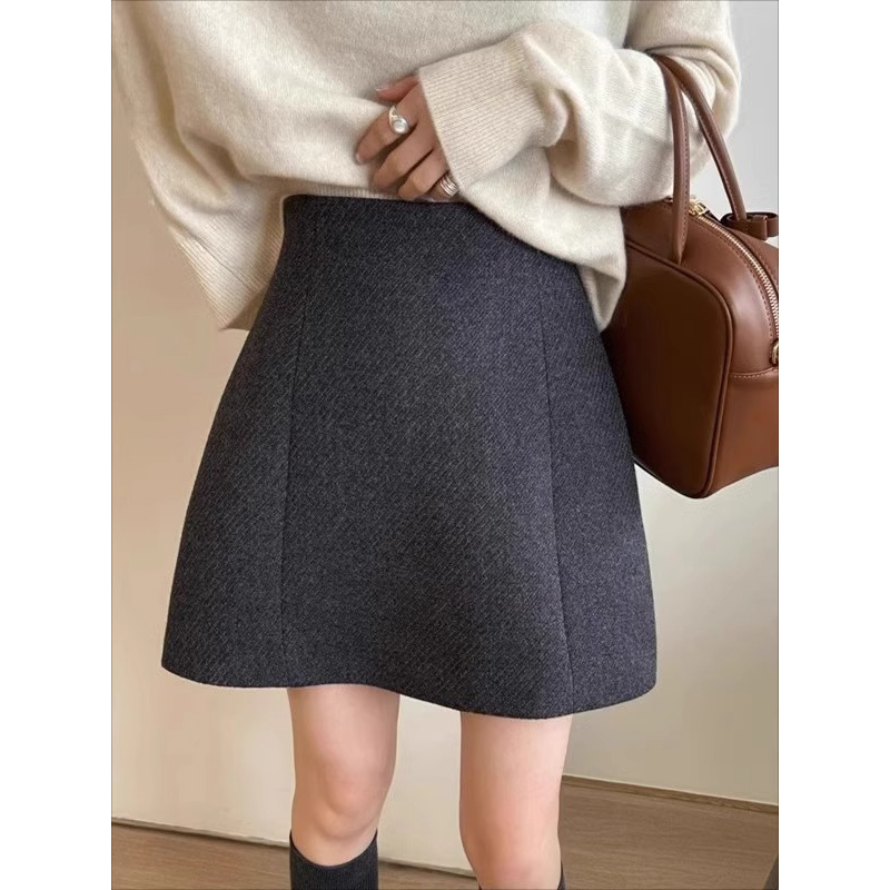 灰色毛呢半身裙女2024秋冬新款高腰包臀不显胯防走光大码a字短裙