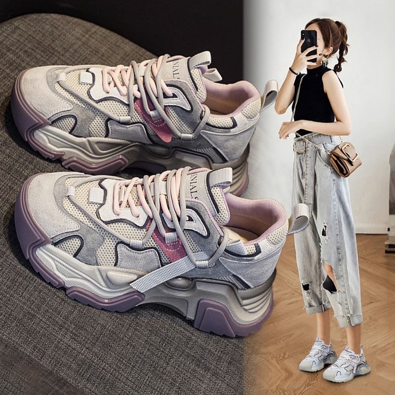 韩国真皮运动休闲 鞋女202z4年新款秋季百搭厚底增高超火重工