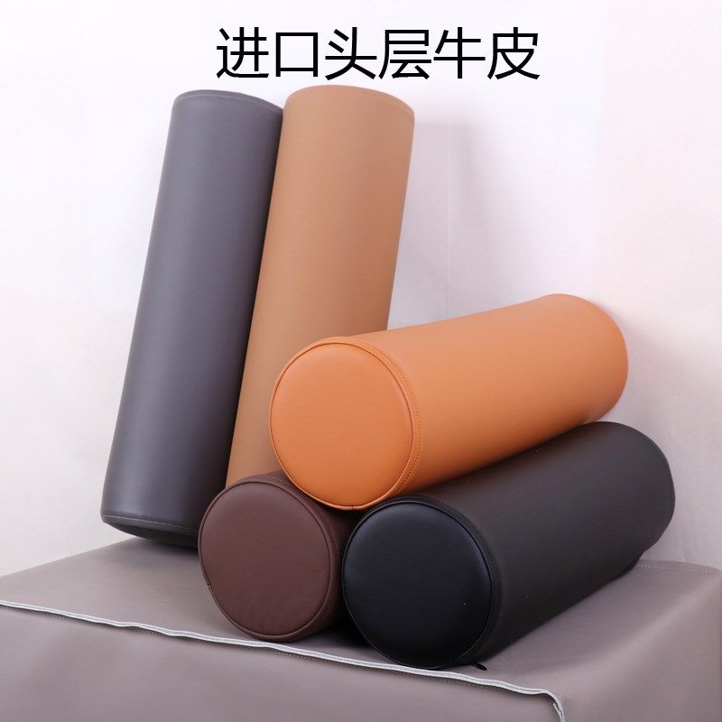 沙发长条形圆枕软牛皮靠枕新中式红木扶手枕真皮腰枕靠背靠垫海绵
