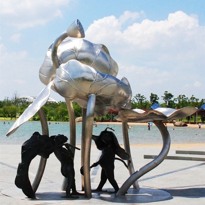 直销户外广场不锈钢荷叶童子雕塑园林公园金属创意塑像售楼部落地