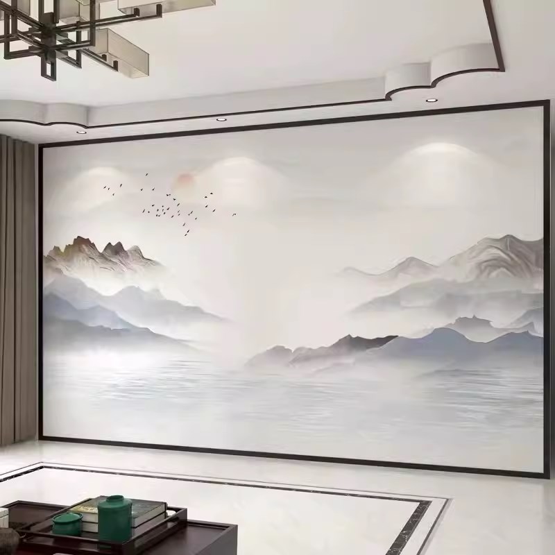 墙纸3d新中式酒店床头电视背景墙壁布客厅刺绣壁画卧室墙布影视墙