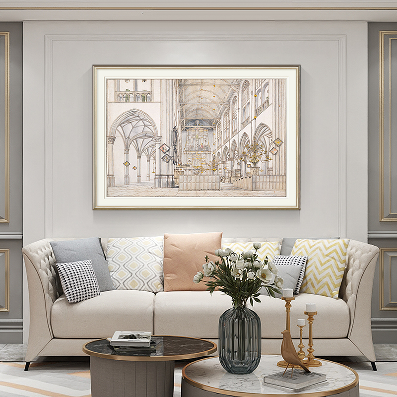美式客厅背景墙装饰画现代简约餐厅挂画玄关卧室轻奢建筑简美壁画图片