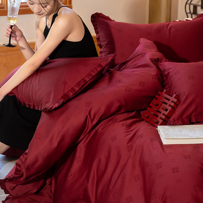 公主风婚庆四件套纯棉喜字提花被套红色喜庆结婚陪嫁床单床上用品