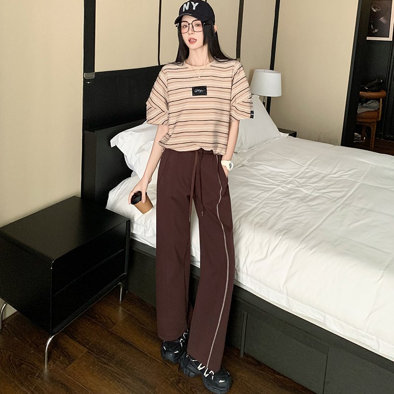 时尚套装女2025夏季新款洋气质显瘦条纹短袖T恤阔腿裤休闲两件套