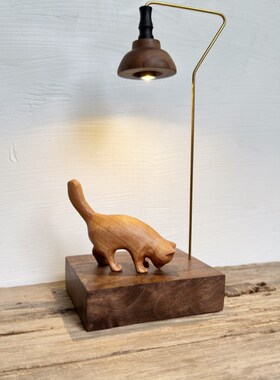 木雕猫咪木质小夜灯家居店内装饰品桌面创意礼品奶油原木风摆件