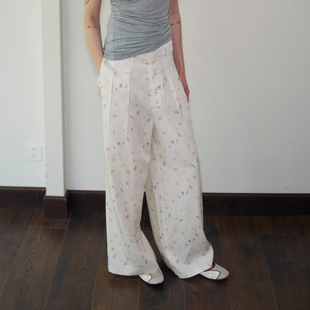 introutro春夏碎花纽扣长裤 女宽松垂感显瘦遮肉通勤百搭休闲长裤