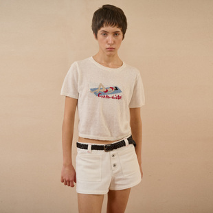 introutro南法沙滩风亚麻提花针织短袖 露腰T恤女 复古短款