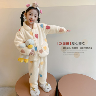 女童睡衣秋冬款加绒加厚珊瑚绒女孩宝宝法兰绒儿童冬款家居服套装