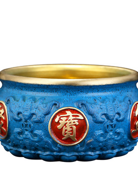 新品铜聚宝盆彩绘黄铜八福元宝工艺摆件家用纯Q黄铜办公室客厅开