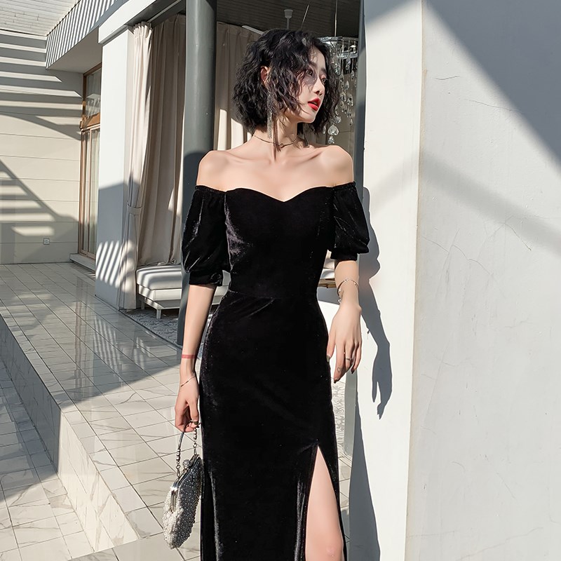 黑色晚礼服女气场女王年会宴会一字肩丝绒性感高贵V气质连衣裙长