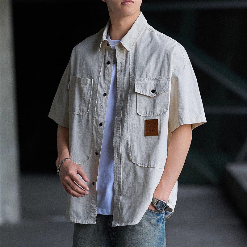 新品特大码300斤美式工装短袖衬衫男I士外套夏季宽松重磅纯棉休闲