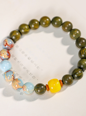 新品绿檀木圆珠寿山石手串男沉香盘玩木质静心佛珠念珠Z盘串文玩