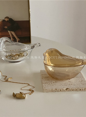 极速风物 小鸟玻璃l首饰收纳罐 ins复古琥珀色戒指项链盒家居摆件