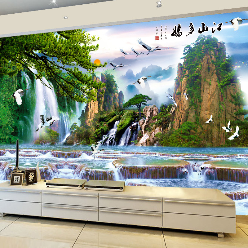 极速山水背景墙贴画自粘迎客松流水生财风景壁画客V厅装饰画墙贴