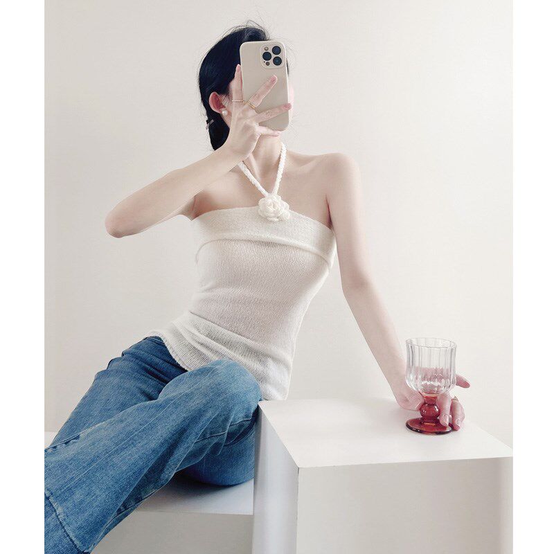 新品性感纯欲风挂脖露肩针织吊带背心夏季一字领手工勾.花抹胸上