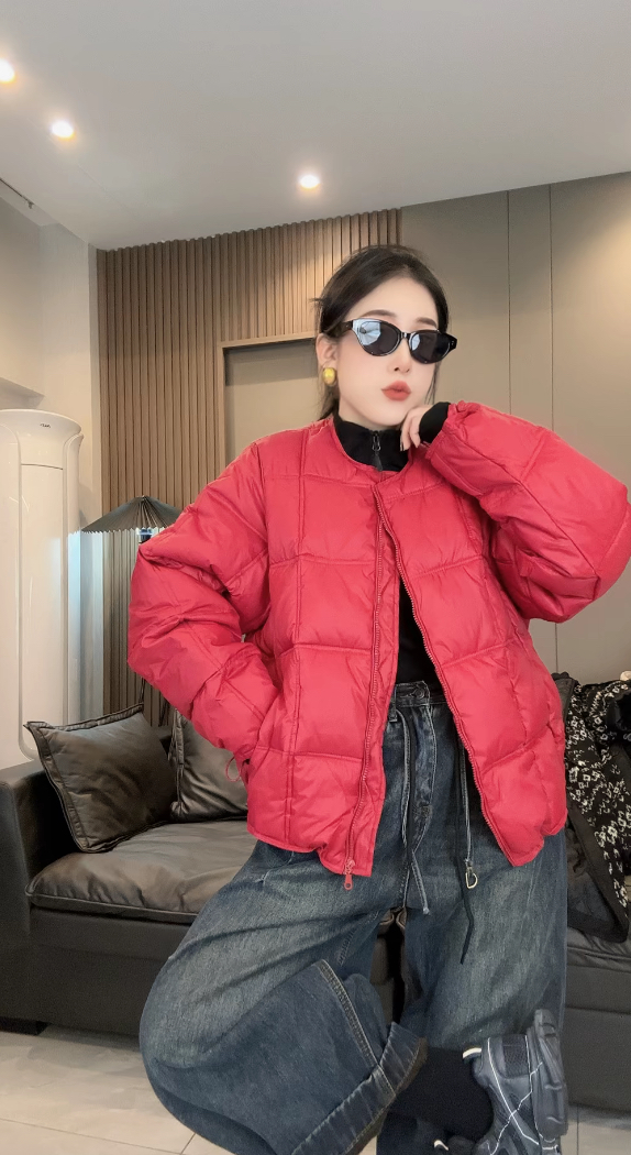 方块羽绒棉服女2025冬季新款宽松休闲韩版圆领加厚豆腐块外套