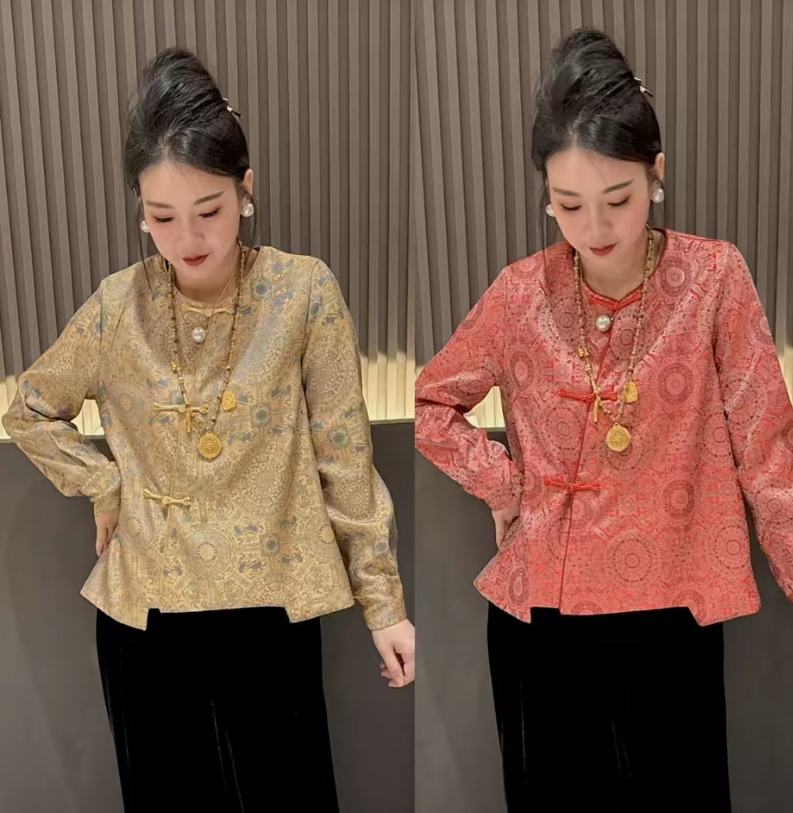 新中式国风提花上衣女装2025年新款复古改良盘扣旗袍上衣唐装外套