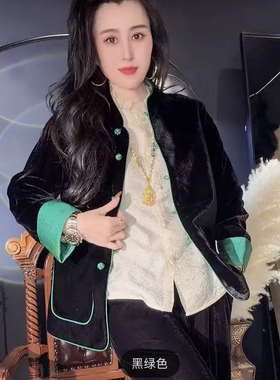 新中式国风丝绒真丝提花拼色宽松外套女2026春秋复古唐装显瘦上衣