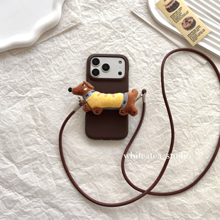 盐白茶ins秋冬复古简约棕色荔枝纹皮质毛绒腊肠狗适用苹果17ProMax手机壳iPhone16小众15新款 14高级13保护套