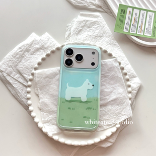 盐白茶ins春日简约清新蓝天绿草地小白狗适用苹果17ProMax手机壳iPhone16小众15新款14高级感13卡通保护套女