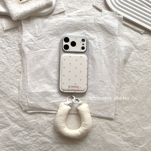 盐白茶ins温柔气质白底粉波点皮质适用苹果17ProMax手机壳iPhone16小众15新款 14高级感13秋冬简约保护套少女