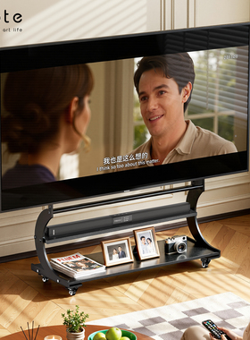 CABTE可移动电视机支架实木电视柜大尺寸带轮艺术支架50-100英寸