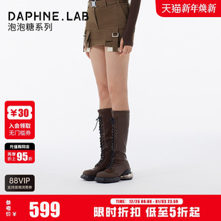 李艺彤同款 DAPHNELAB达芙妮泡泡糖绑带过膝靴复古机能骑士靴