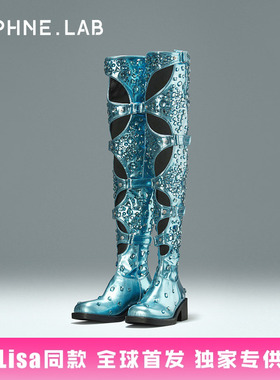 Lisa同款 DAPHNE.LAB X MARRKNULL联名方糖过膝靴闪钻多洞款长靴