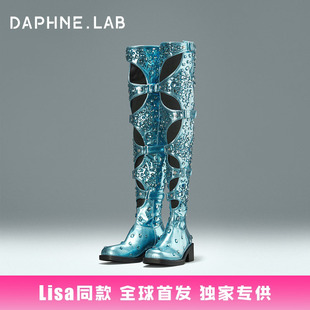 Lisa同款 DAPHNE.LAB X MARRKNULL联名方糖过膝靴闪钻多洞款长靴