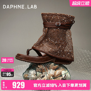 DaphneLab方糖凉靴26夏游牧风中筒短靴罗马凉靴厚底增高夹脚凉鞋