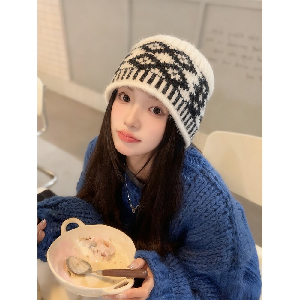 复古拼色菱形格子针织毛线帽子女秋冬季小众设计感显脸小包头冷帽
