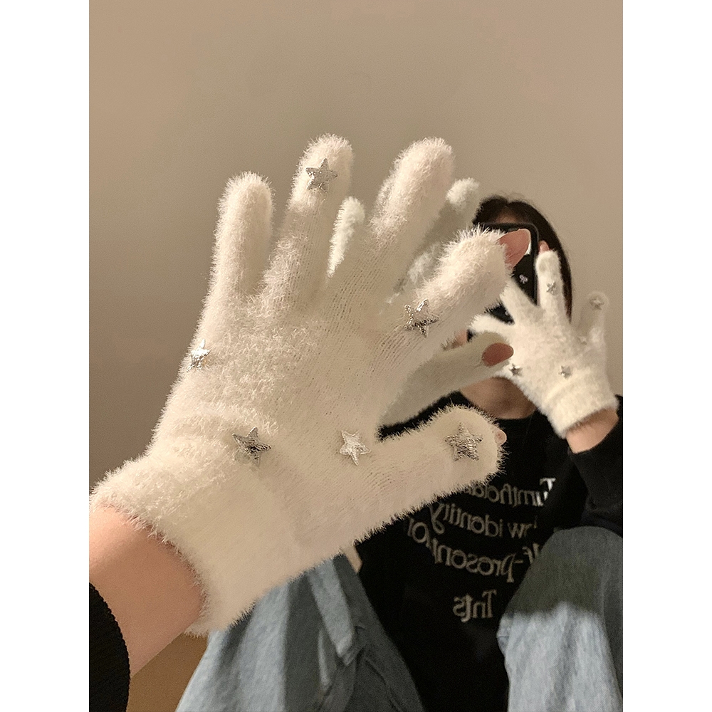 可爱星星露指触屏毛绒五指手套女冬季保暖学生防寒骑行车毛线针织