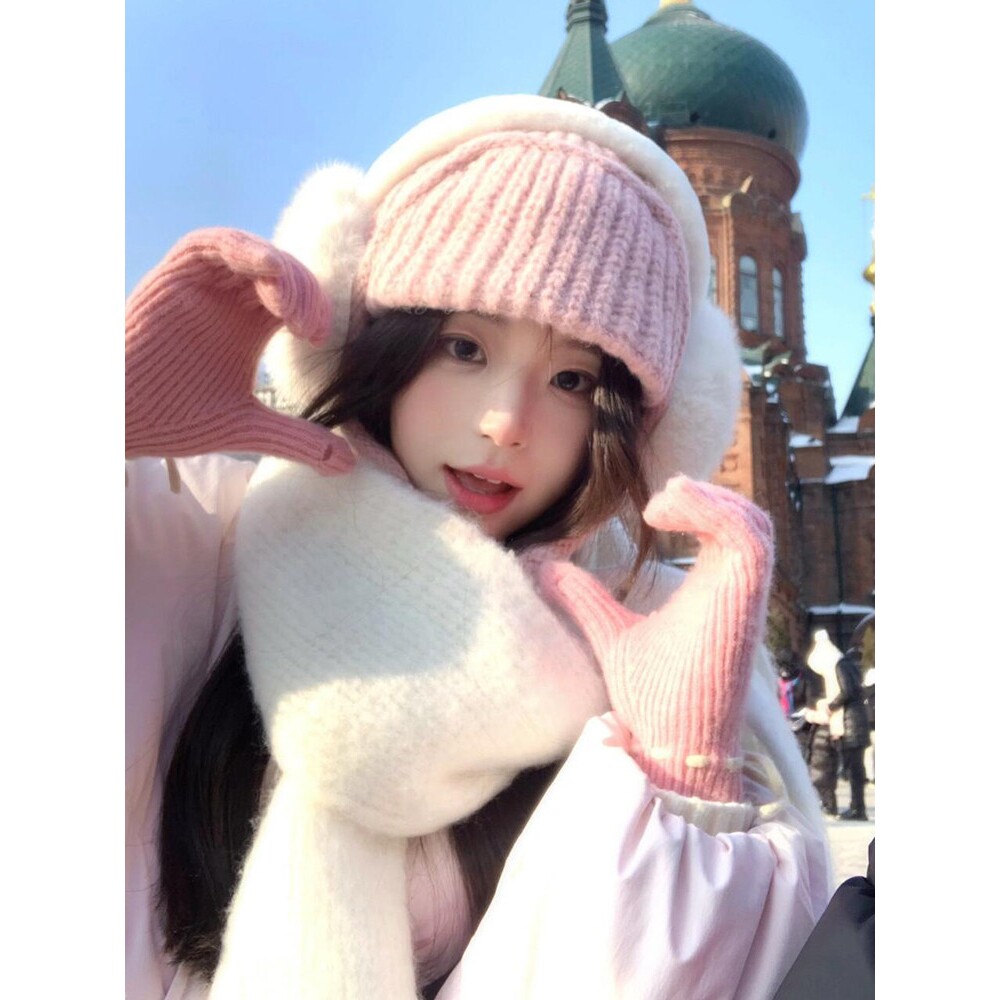 粉色针织毛线帽子女2025新款可爱纯色护耳飞行帽百搭显脸小雷锋帽