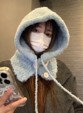 蓝色巴拉克拉法帽女秋冬帽子围脖一体羊毛混纺针织保暖护耳包头帽
