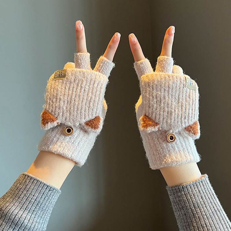 半指翻盖手套冬季女士可爱加绒防寒冬天加厚保暖毛线 线露指学生