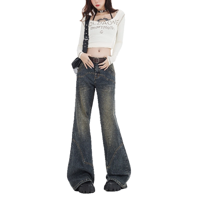 worxurnn/无须美式复古宽松高腰微喇裤女时尚气质百搭辣妹牛仔裤