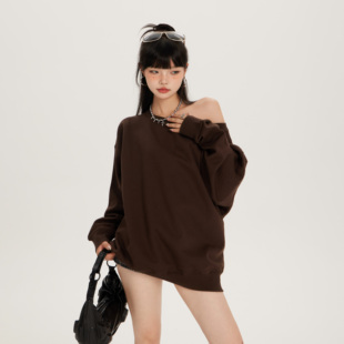 worxurnn 斜肩辣妹百搭冬慵懒风露肩套头卫衣 无须秋美式