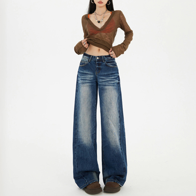 worxurnn/无须美式复古宽松阔腿裤褶皱感渐变百搭通勤垂感牛仔裤