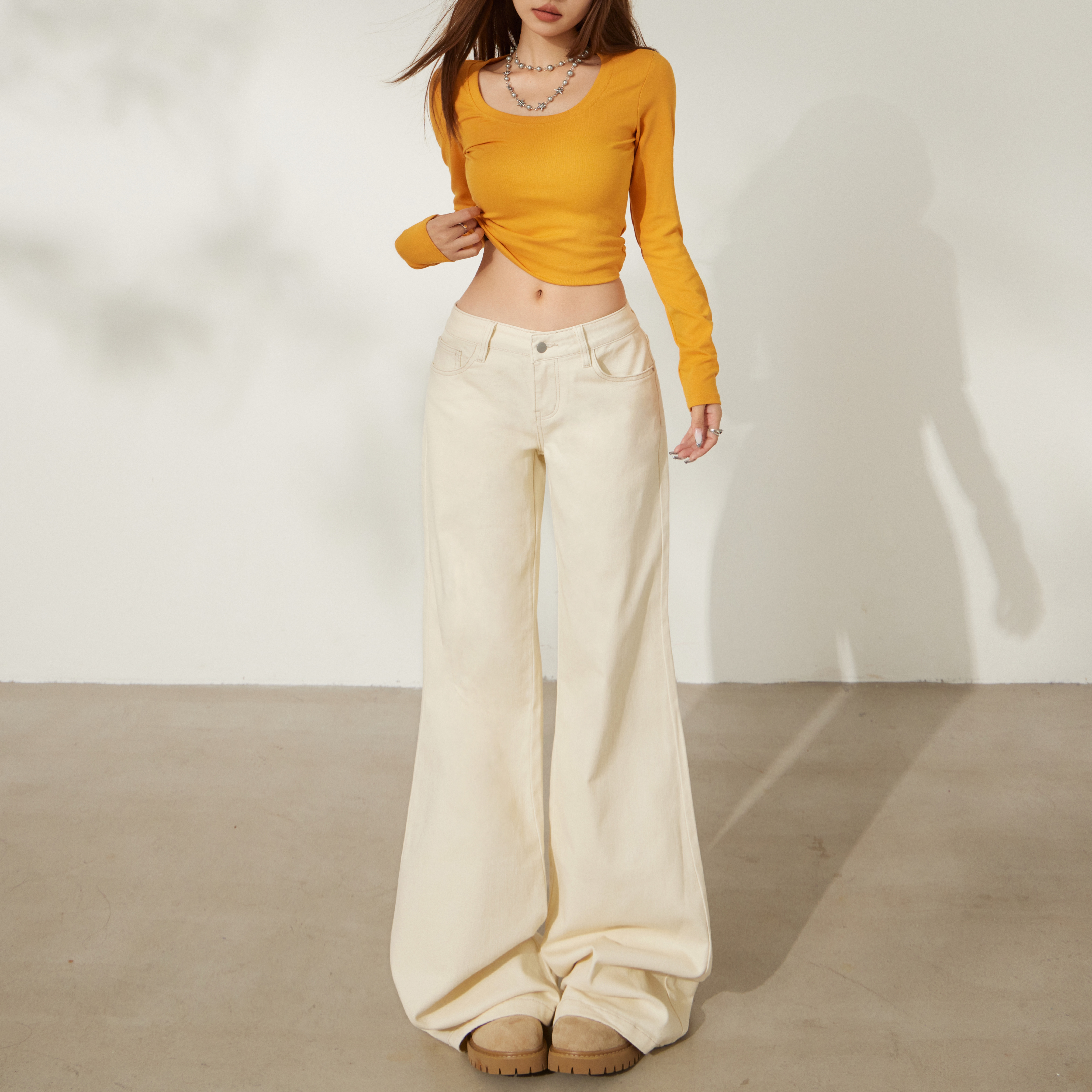 worxurnn/无须美式复古低腰宽松微喇裤垂感微弹修身显瘦牛仔裤女